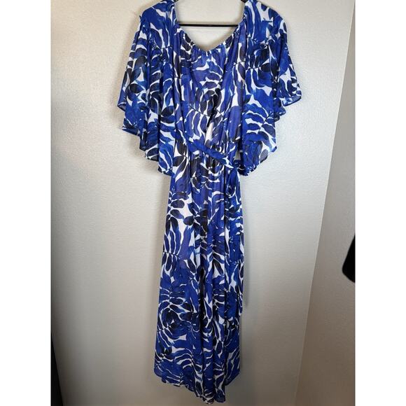 Une Ame Blue Floral Boho Bell Sleeve Off The Shoulder Maxi Dress Large Womens - Picture 5 of 6